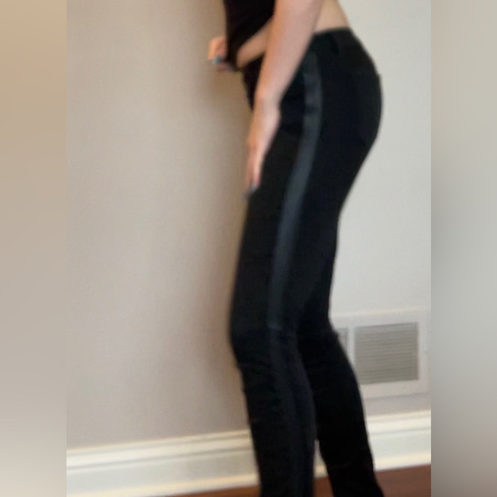 Black Juicy Couture Stretch Denim with faux leather ruching up side of leg
